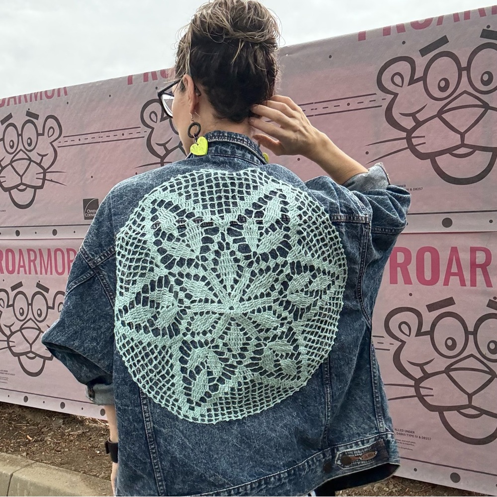 EKA Denim Jacket with Crochet Back Design hand sewn by Erika Kelly Apparel